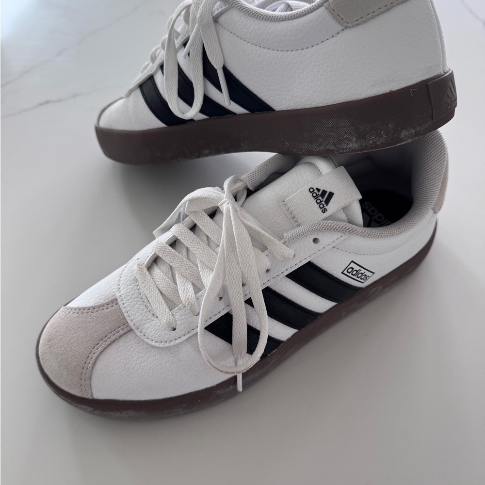 Adidas Women’s White and Black Sneakers with Brown Sole
